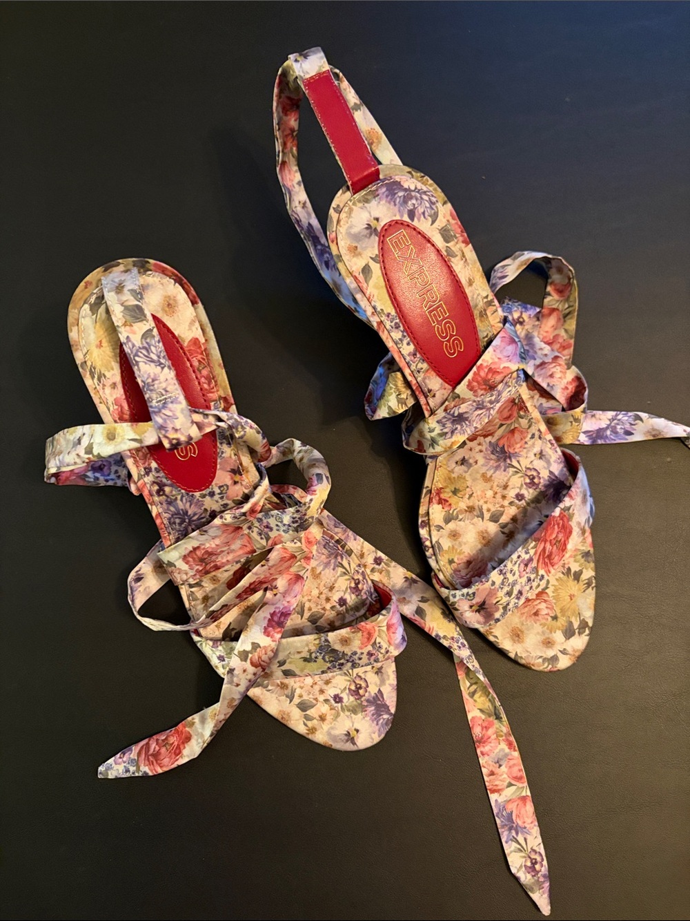 Express Floral Lace-Up Sandals in Red and Multicolor Print